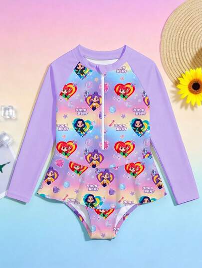 新款时尚女童连体泳衣连衣裙，长袖三角泳裤，女童泳装