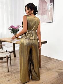 两件套加大码女式时尚休闲印花上衣和长裤套装，适合度假、约会和日常出行，春夏新品 - 金色 - 查看 2