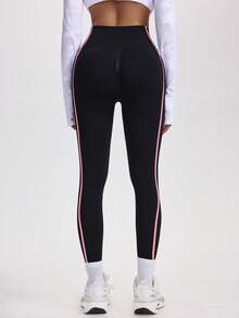 Gameset SHEIN Sport 撞色条纹高腰瑜伽裤，欧美风修身设计，高弹面料塑形，适合瑜伽、健身和休闲穿着，实用时尚。 - 彩色 - 查看 3
