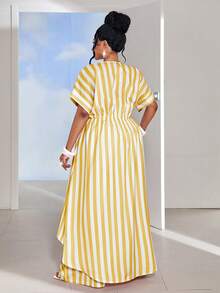 Maweii Plus Size Women Striped Short Sleeve Tie Waist Shirt And Wide Leg Pants Set - Multicolor - View 5