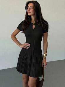 Aloruh Vestido de línea A de punto beige elegante y minimalista para uso diario de mujer - Negro - Ver 4