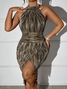 Femmeverse Plus Size Women Elegant Sexy Halter Neck Slit Sleeveless Bodycon Dress - Black - View 7