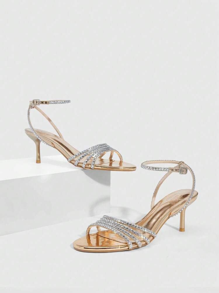 CUCCOO SZL Women Shoes Gold New Heel With Round Toe Rhinestone Design, Elegant, Sweet And Romantic; Metal Leather Women's High Heels Sandals, Footwear, Dress Shoes, Afternoon Tea, Dating, Fashion Parties, Workplace Wear, Elegant Dress, Basic Versatile Models, Suitable For Halloween