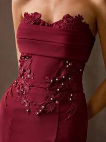 MOTF Soiréza WOMEN'S OCCASION WEAR MERMAID HEM LACE PATCHWORK LONG DRESS - Burgundy - View 2