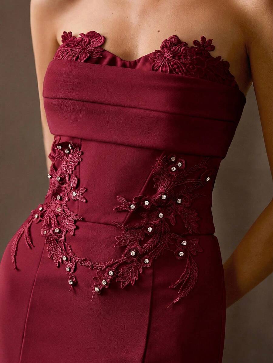 MOTF Soiréza WOMEN'S OCCASION WEAR MERMAID HEM LACE PATCHWORK LONG DRESS - Burgundy - View 2