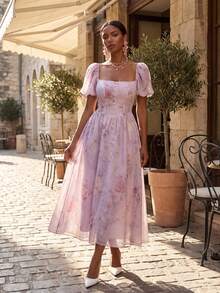 DAZY French Floral Print Elegant Ruffle Collar Short Sleeve Dress For Women Summer Easter Maxi Dress Sundress - Mauve Purple - View 2