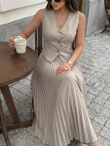 Women's Casual Solid Color Faux Pocket Pleated Vest & Skirt Suit Set, Summer Spring,Wedding Guest Dress Women - Beige - View 6