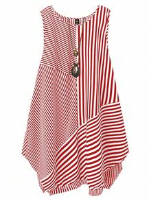 SHEIN 大码女式条纹不对称下摆无袖休闲连衣裙 - 紅色 - 查看 1