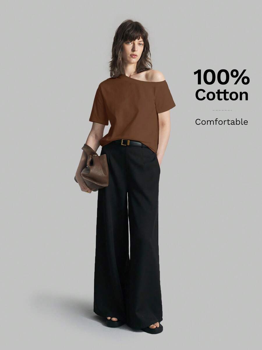 Ontre Camiseta de manga corta con hombro asimétrico para mujer, Primavera/Verano 2026, unicolor minimalista y elegante, Uso casual de oficina, Adecuado para maestros, invitados de boda, vacaciones, casual de negocios, versátil - Marrón - Ver 1