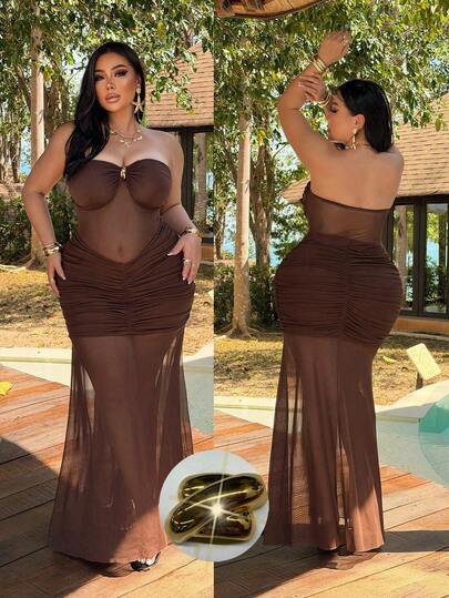 NU&NOW 大码女式夏季网纱双层性感半透明金属扣腰部修身美人鱼长裙