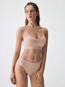 SHEIN Conjunto de lencería de sostén y panty sin costuras y sin adornos - Caqui - Ver 5