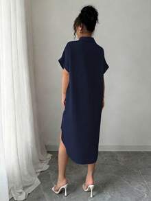 SHEIN LUNE 女士卡通人物印花短袖单排扣休闲衬衫裙 - 藏蓝色 - 查看 2