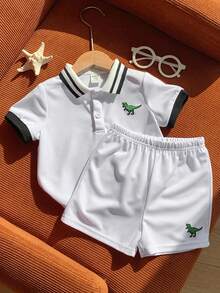 SHEIN Baby Boy Summer Cute White Short Sleeve Polo Shirt And Elastic Waist Shorts Set - White - View 4