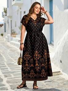 Rosumi 大码女式V领碎花系带腰身时尚别致派对连衣裙夏季沙滩度假装扮女式碎花连衣裙波西米亚风女式长裙女式连衣裙优雅经典女式休闲连衣裙夏季女式沙滩装扮女式休闲度假装扮女式乡村音乐会服装荷叶边 - 彩色 - 查看 3