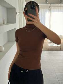 DAZY Camiseta sin mangas de verano para mujer, de cuello alto, ajustada y casual - Café integral - Ver 5