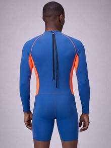 ZELFYO Men's Contrast Color Minimalist Daily Wear Zipper Long Sleeve Swimsuit - Dusty Blue - View 2