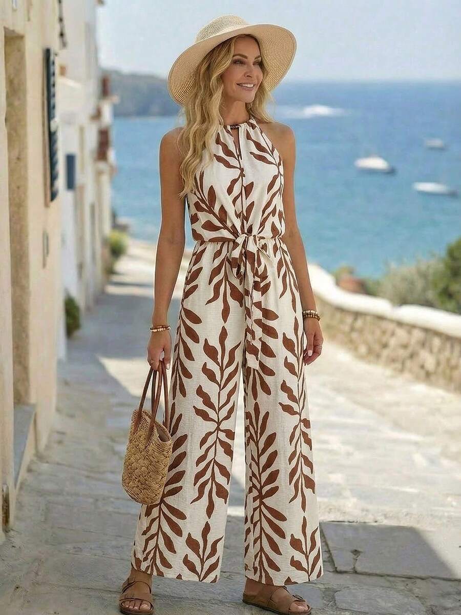 Breezaya 女士度假风休闲日常沙滩装露背系腰印花连体裤 - 米色 - 查看 1