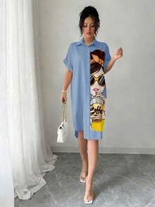 Chiquease Casual Cartoon Print Button Front Dress, Summer - Dusty Blue - View 4