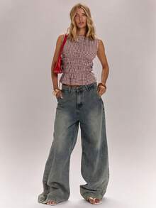 SHEIN BAE 女士春夏格子束腰圆领长袖衬衫，适合沙滩穿着，休闲褶皱设计，弹性格子衬衫，外套，伊比沙岛、法国南部度假、意大利穿搭、复古风格，通勤休闲皆宜。 - 藕粉色 - 查看 3