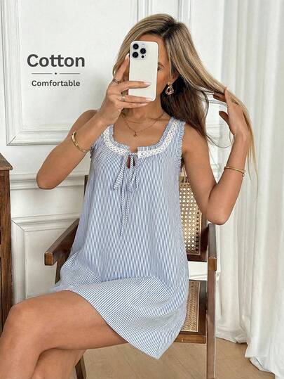 Easowa 方领荷叶边系带蕾丝拼接条纹A字娃娃连衣裙，休闲宽松优雅通勤复古风度假春夏女装