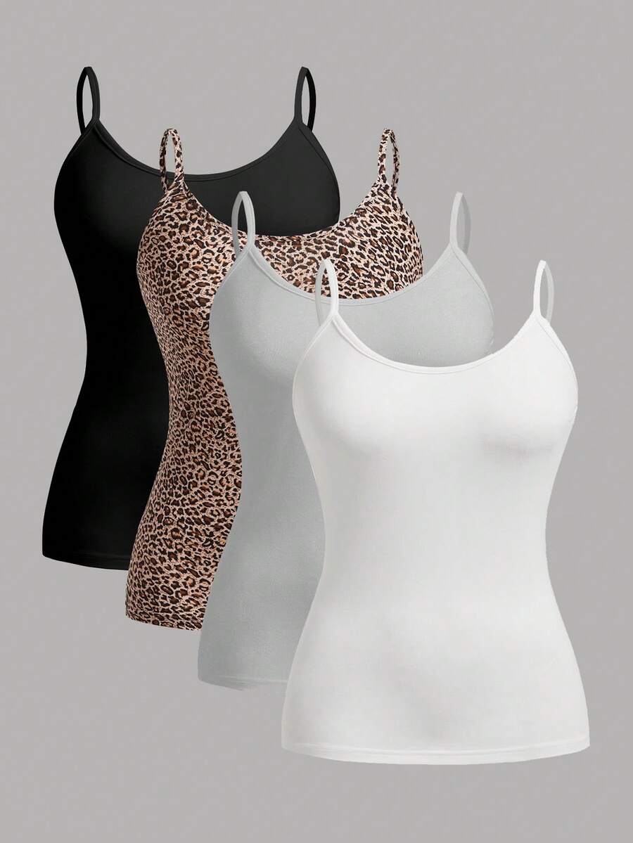 SHEIN EZwear 4件/套加大码女士休闲吊带背心,适合夏季穿着,女士背心上衣,塑身衣,紧身衣,多件装,女士贴身上衣 - 彩色 - 查看 1
