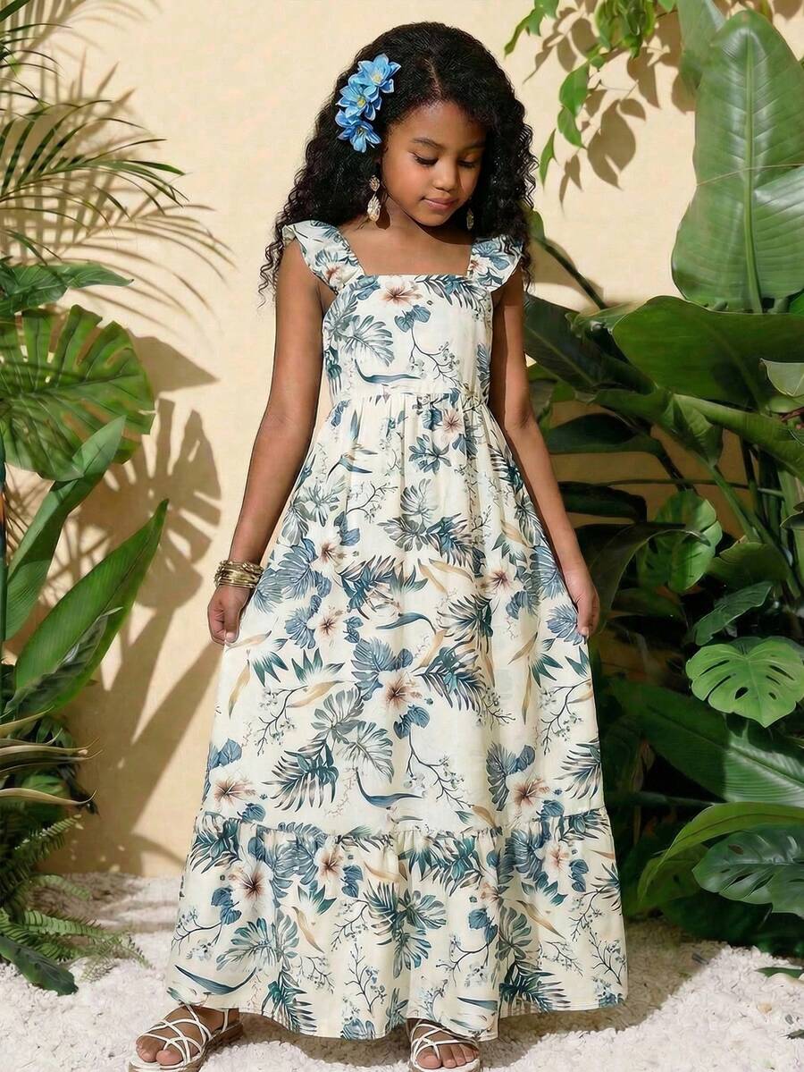 Travachic KIDS Vestido casual de manga corta con estampado floral para niñas preadolescentes de vacaciones - Multicolor - Ver 1