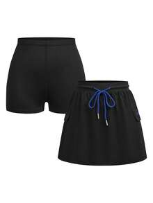 Innovista Innovista Women's Drawstring Waist Casual Versatile Daily & Sports Skirt Pants Black Skort Set Women 2PCS Mini Skirt + Pocket Shorts, Contrast Blue Purple Drawstring Waist, Utility Patch Pocket, Built-In Phone Pocket Liner, Stretch Athleisure For Tennis Golf Running Travel. ES/MX Falda Pantalón Deportiva, BR Saia Short Fitness. Gymtok Tenniscore Summer - Black - View 4