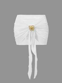 Bộ đồ bơi liền thân 3 mảnh Swim Oasis dành cho nữ, màu be trơn, có gọng, dây đeo vai mảnh, viền bèo nhún điều chỉnh được và chân váy lưới trang trí kim loại có thể tháo rời, thích hợp cho mùa hè. Bộ đồ bơi Rouche, phụ kiện đồ bơi, trang phục dự tiệc bể bơi cho nữ. - trắng - Xem 3