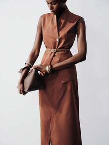 Aveloria Modichic Women's Elegant Suit Set Shades Of Brown,Summer,Casual,Bissness Office Attire Shawl Lapel Metal Button Leather Belt Slit Skirt Slim Fit Tailored Set - Brown - View 7