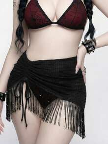 ROMWE Goth 女士黑色特殊面料流苏串珠抽绳裹身裙，哥特风格，春夏款 - 黑色 - 查看 6