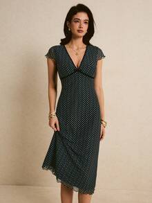 Poéselle 女士优雅波点印花中长连衣裙，夏季 - 黑色 - 查看 3