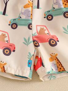 SHEIN Playful Pals Bộ đồ cho bé trai gồm áo tay ngắn và quần short in hình động vật và ô tô hoạt hình dễ thương, thích hợp cho các chuyến đi chơi mùa xuân/hè và mặc hàng ngày. - Nhiều màu - Xem 7