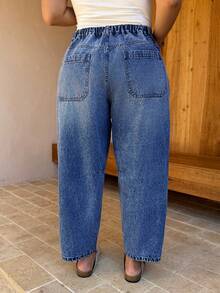 Dripcurv Quần jeans ống rộng dáng suông có túi dành cho nữ cỡ lớn - Rửa tối - Xem 2