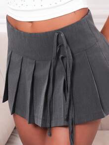 Hariany Almeida Women's Side Tie Pleated Short Casual Skirt - Grey - View 3