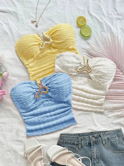 Soleia Bộ 3 món áo hai dây croptop dệt kim họa tiết trái tim rỗng dành cho nữ, thích hợp cho Giáng sinh, hẹn hò, hộp đêm, bãi biển, du thuyền, trà chiều, phong cách Bohemian, Boho, kỳ nghỉ.