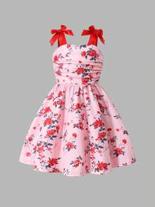 Cute Girls Floral Print Camisole Dress With Bow, Sleeveless Mid-Length Casual Dress, Summer Outfit - Red - View 6
