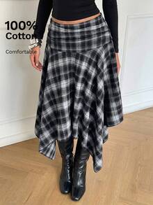 Aloruh 女士春夏新款不对称下摆格子中长裙，复古Y2K街头风 - 藏蓝色 - 查看 6