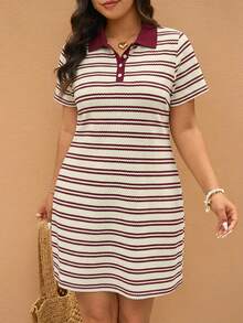 Elaquor Plus Size Casual Striped Short Sleeve Dress - Burgundy - View 3