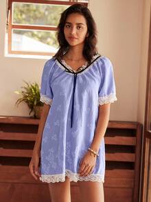 Lavender Embroidered Petal Sleeve Bow Floral Pattern A-Line Loose Casual Bohemian Style Women Nightgown - Purple - View 3