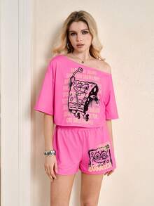 SpongeBob SquarePants | SHEIN 2pcs Women Short Sleeve T-Shirt & Shorts Set - Pink - View 3
