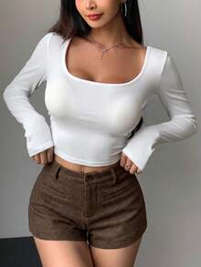 Women's Elegant Design Pocket Straight Leg Casual Shorts, Suitable For Office, Commuting, Spring & Autumn - Brown - View 6
