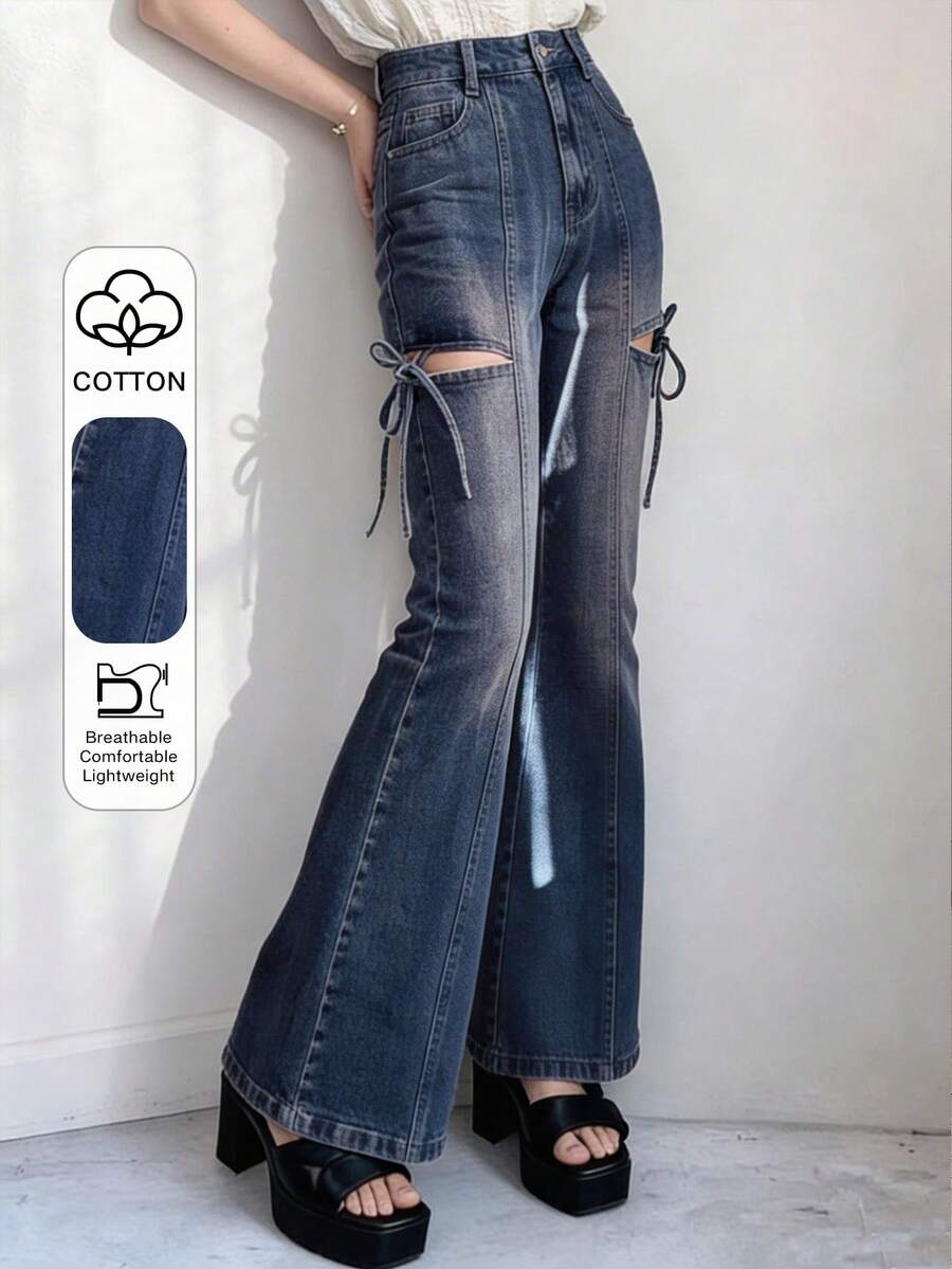 FRIFUL Women's Casual Washed Hollow Lace-Up Flare Leg Jeans - Blue - View 1