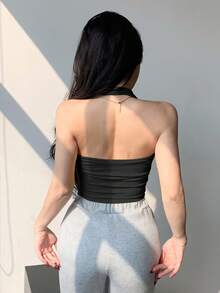 DAZY 春夏黑色加垫抹胸露脐上衣，露背无肩带吊带背心，休闲度假海滩节日派对婚礼修身女式背心 - 黑色 - 查看 4
