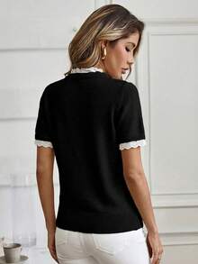 Louniche Áo len tay ngắn cổ tròn màu mơ thanh lịch, viền ren, thích hợp mặc đi làm, ở nhà và mặc hàng ngày, mùa xuân/hè. - màu đen - Xem 2