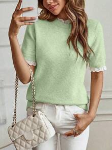 Louniche Elegant Apricot Crew Neck Lace Trim Knit Short Sleeve Sweater, Suitable For Commuting, Home, And Daily Wear, Spring/Summer - Green - View 6