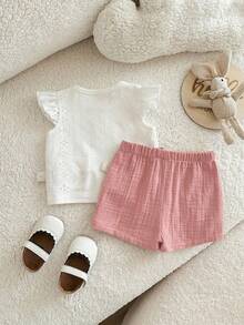 1-Piece Newborn Summer Cute White Top And Shorts Set With Elastic Waist - Multicolor - View 4