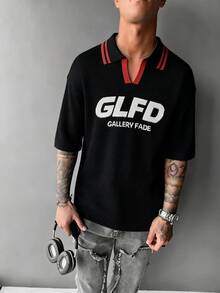 GALLERY FADE Camiseta de punto de manga corta con estampado de letras para hombre - Negro - Ver 4