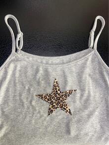 Glimmora Camiseta sin mangas cómoda con estampado de estrella gris y estampado de leopardo en forma de pentagrama para el verano - Gris - Ver 4