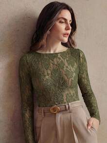 Anewsta Camiseta de mujer de manga larga, elegante, de unicolor y con abertura elástica - Verde militar - Ver 4