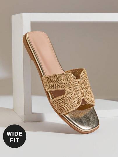 SHUZIA #WideFitQuietLuxury Women's Open Toe Harness Cut Out Soft Cushions Premium-Feel Faux Leather Refined Raffia Gold Slide Sandal- Wide Fitting Stylish, Comfortable & Easy To Pair